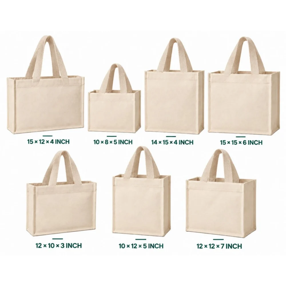 Assorted cotton tote bag sizes from 10 x 8 to 15 x 15 inches for retail packaging events and everyday carrying