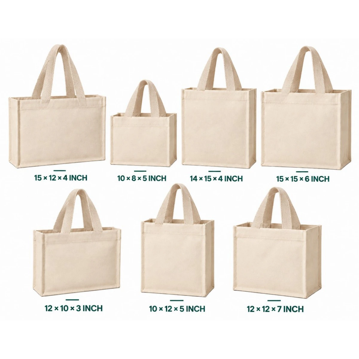 Assorted cotton tote bag sizes from 10 x 8 to 15 x 15 inches for retail packaging events and everyday carrying Assorted cotton tote bag sizes from 10 x 8 to 15 x 15 inches for retail packaging events and everyday carrying