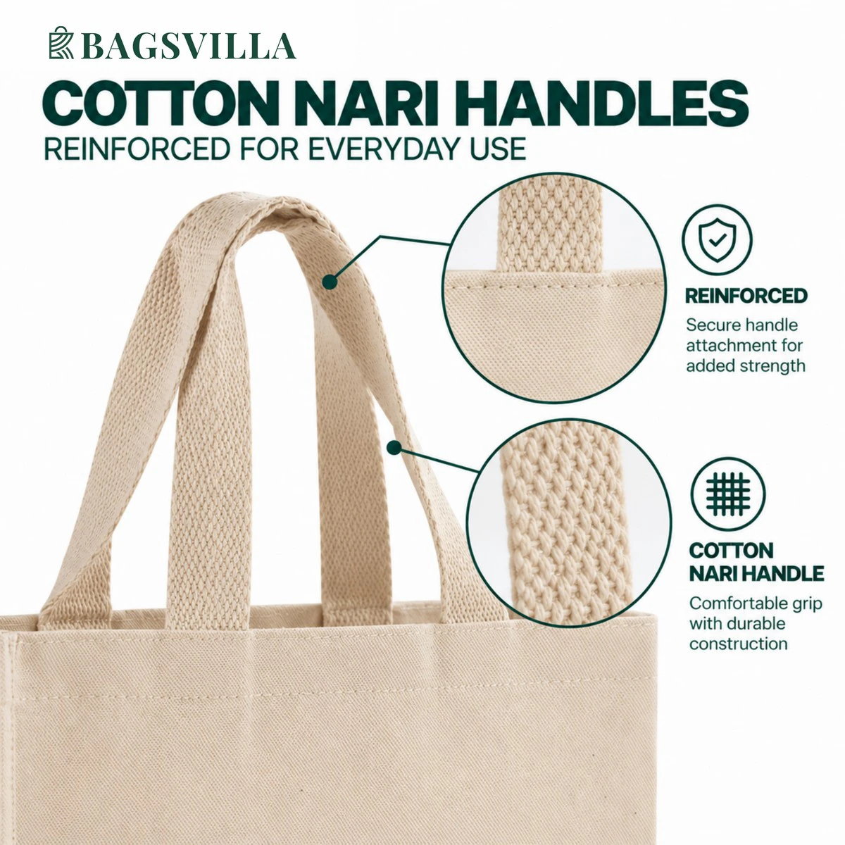 Detailed view of woven cotton Nari handles with reinforced stitching for a comfortable reusable shopping tote Detailed view of woven cotton Nari handles with reinforced stitching for a comfortable reusable shopping tote