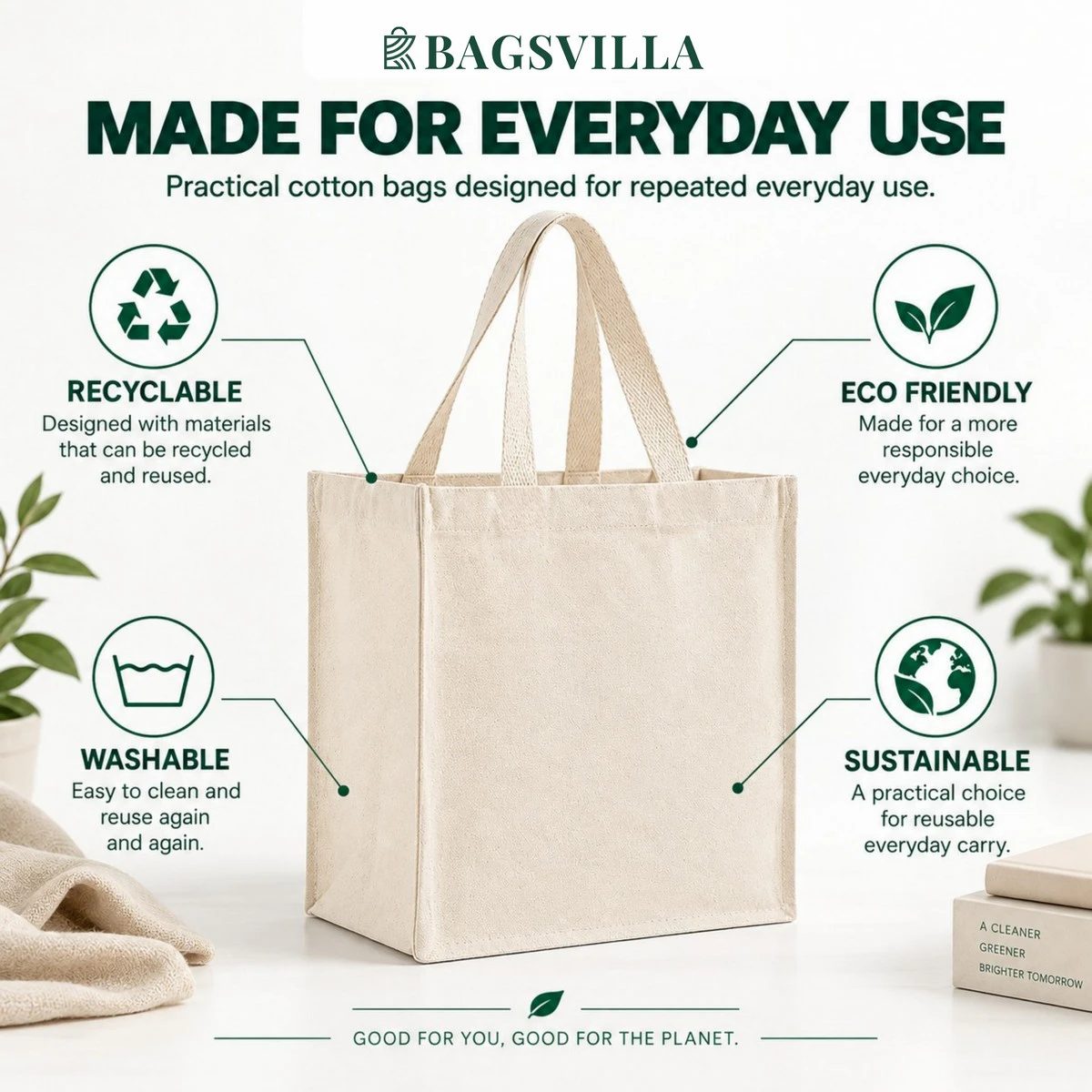 Reusable cotton tote bag for everyday shopping with washable recyclable and sustainable fabric construction Reusable cotton tote bag for everyday shopping with washable recyclable and sustainable fabric construction